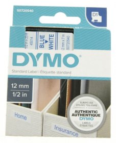 Dymo Colour Cartridge - S0720540 Label Tape Blue On White 12mm-7m Dymo D1 Tape
