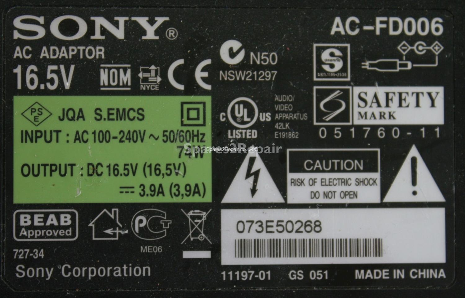 Sony - Charger - AC-FD006 - 16.5V 3.9A (Original)